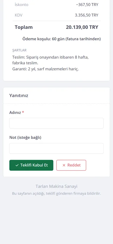 Müşterinin telefonda açtığı teklif sayfası: toplam tutar ve Teklifi Kabul Et düğmesi