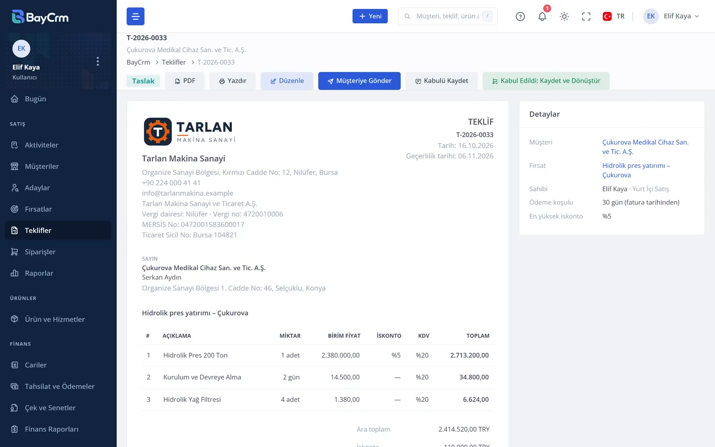 BayCrm'de bir teklif: firmanın logosu ve bilgileri, müşteri, miktar, birim fiyat, iskonto ve KDV'li satırlar ve toplam