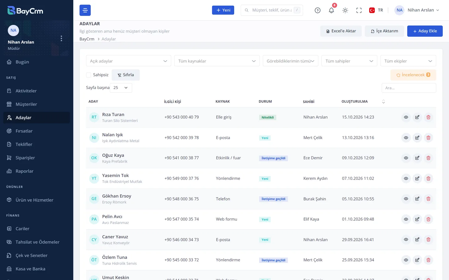 Adaylar listesi: ad, firma, telefon, kaynak, durum ve sahip sütunları.