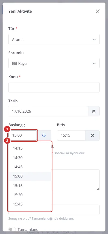 Telefonda arama türünde yeni aktivite: başlangıç saatinin altında açılmış, on beş dakika arayla saat listesi.