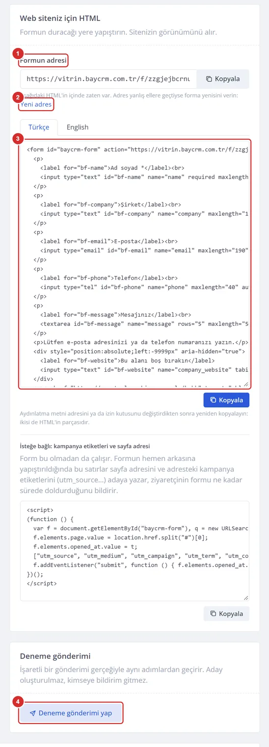 Web siteniz için HTML kartı: formun adresi, Yeni adres bağlantısı, dil sekmeleri, HTML kodu ve Kopyala düğmesi.