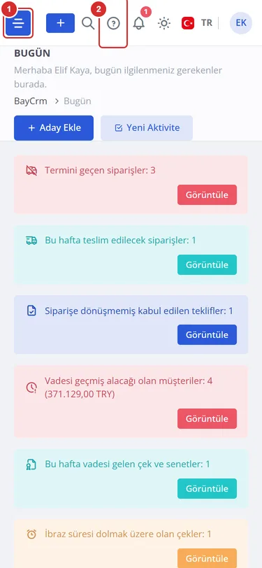 Telefonda Bugün ekranı: solda menü düğmesi, üst çubukta soru işareti.