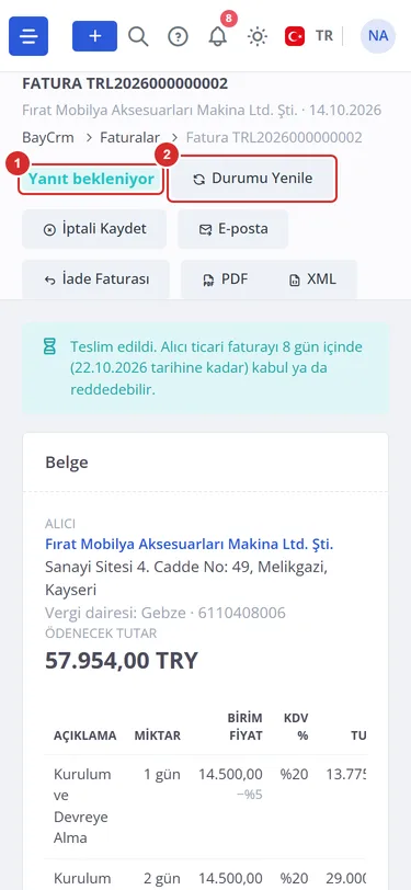 Telefonda bir faturanın sayfası: başlık, Yanıt bekleniyor etiketi, düğmeler, alıcıyı bekleme bandı ve belgenin üstü.