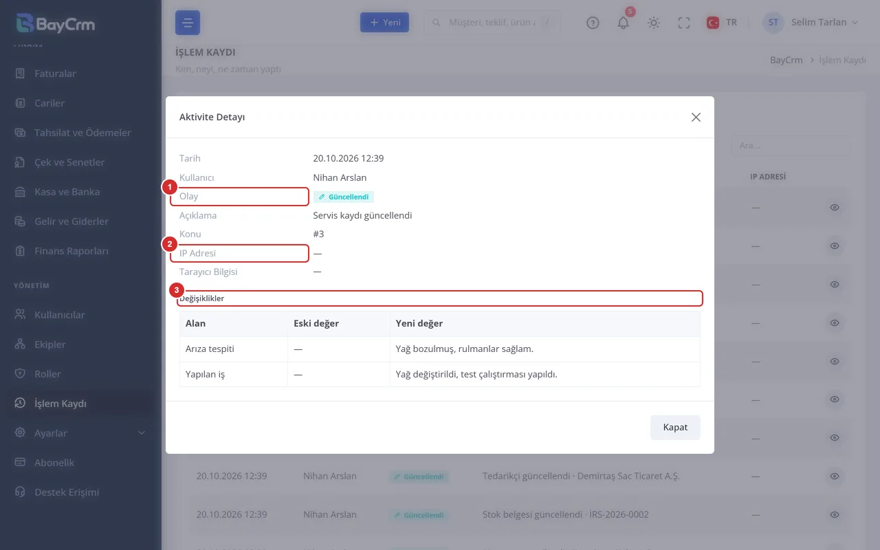 Aktivite Detayı penceresi: tarih, kullanıcı, olay, açıklama, konu, IP adresi ve eski ile yeni değerleri gösteren Değişiklikler tablosu.