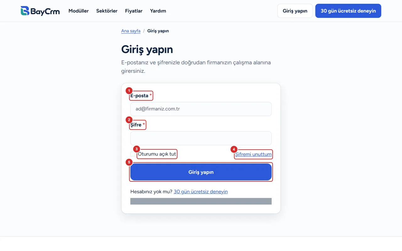 baycrm.com.tr giriş sayfası: e-posta ve şifre alanları, Oturumu açık tut kutusu, Şifremi unuttum bağlantısı ve Giriş yapın düğmesi.