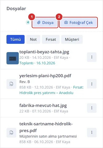 Telefonda müşteri sayfasındaki Dosyalar kartı: Dosya ve Fotoğraf Çek düğmeleri ve dosya listesi.