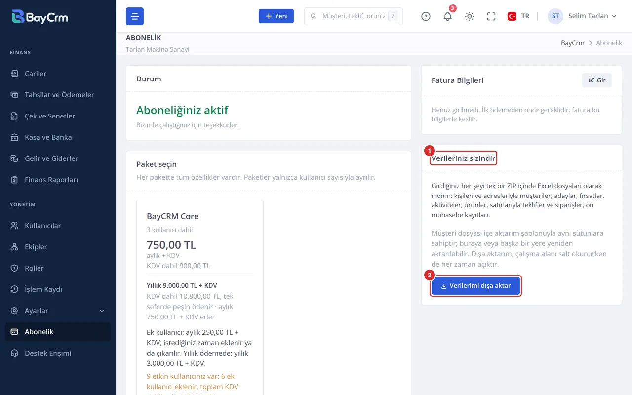 Abonelik sayfası: sağda Verileriniz sizindir kartı ve Verilerimi dışa aktar düğmesi.
