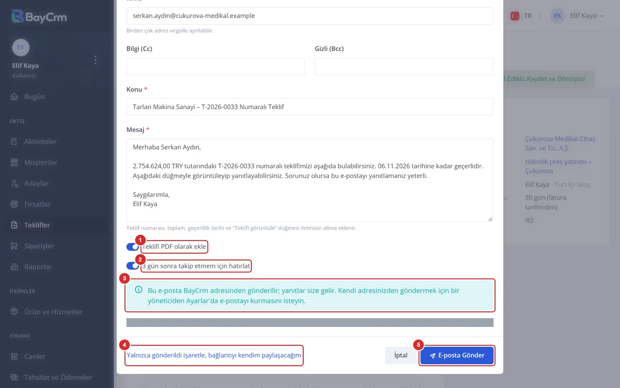 Müşteriye Gönder penceresinin alt kısmı: PDF ve takip anahtarları, gönderen adresi notu, yalnız işaretleme bağlantısı ve E-posta Gönder.