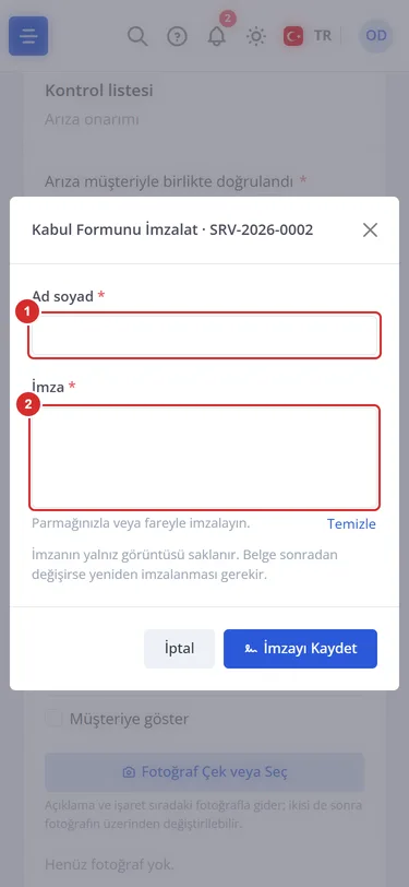 Telefonda imza penceresi: ad soyad alanı ve imza kutusu.